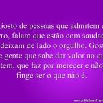 Gosto de pessoas que admitem o erro, falam que estão com saudade e deixam de lado o orgulho. Gosto de gente que sabe dar valor ao que tem, que faz por merecer e não finge ser o que não é.