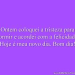 Ontem coloquei a tristeza para dormir e acordei com a felicidade. Hoje é meu novo dia. Bom dia!