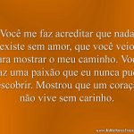 Você me faz acreditar que nada existe sem amor, que você veio para mostrar o meu caminho. Você traz uma paixão que eu nunca pude descobrir. Mostrou que um coração não vive sem carinho.