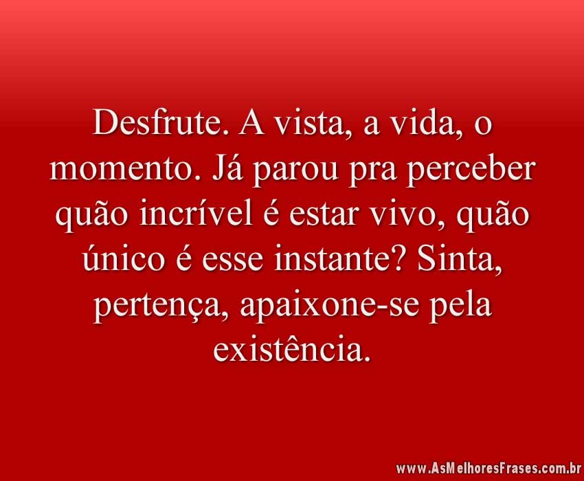 Desfrute. A vista, a vida, o momento. Já parou pra perceber quão incrível é estar vivo, quão único é esse instante? Sinta, pertença, apaixone-se pela existência.