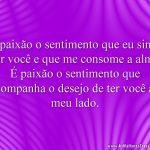 É paixão o sentimento que eu sinto por você e que me consome a alma. É paixão o sentimento que acompanha o desejo de ter você ao meu lado.
