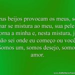 Seus beijos provocam os meus, seu olhar se mistura ao meu, sua pele se torna a minha e, nesta mistura, já não sei onde eu começo ou você. Somos um, somos desejo, somos amor.